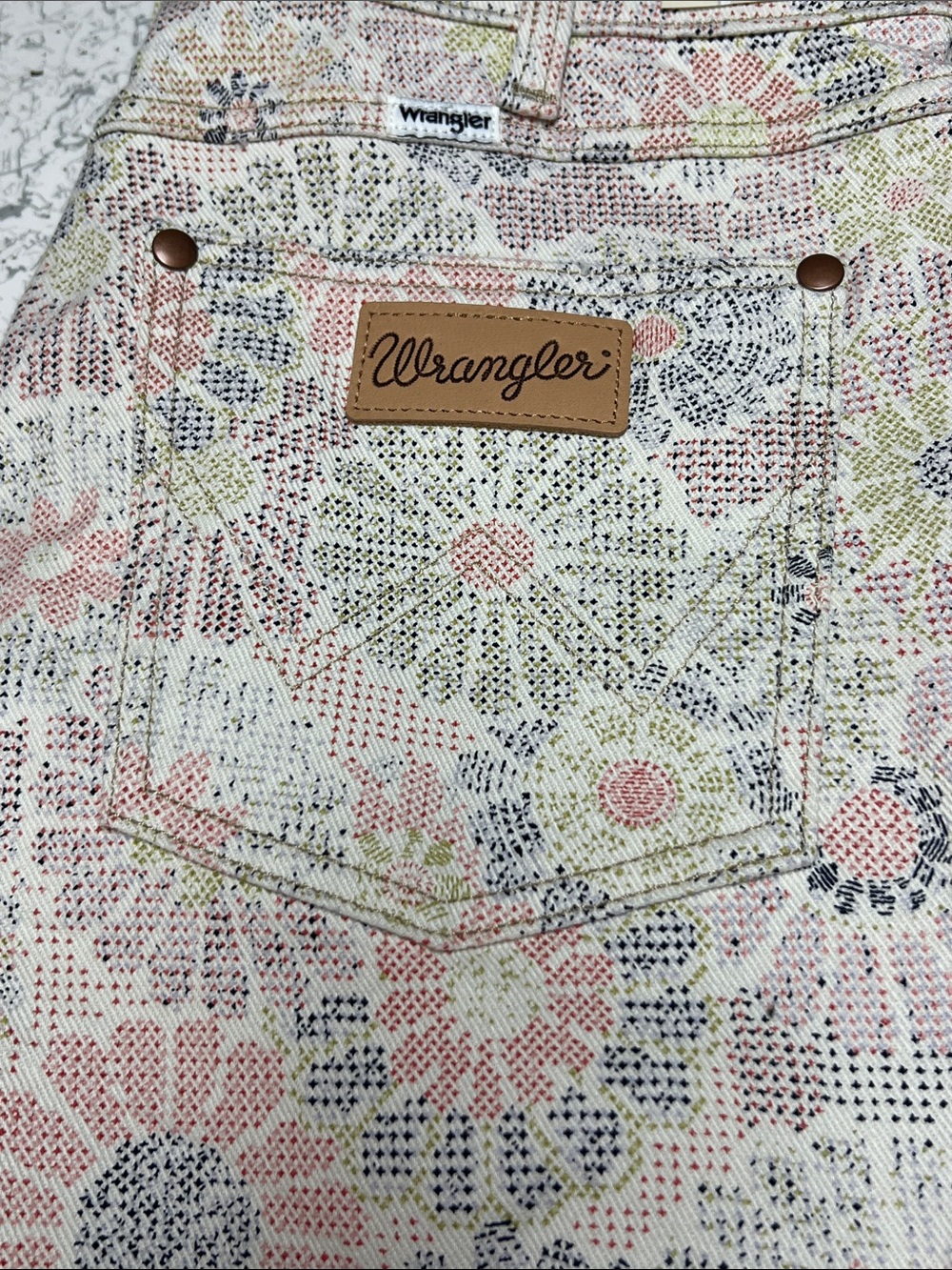 Wrangler Women's Boot Cut Jeans Floral Print - Pink, Green, Navy on Cream